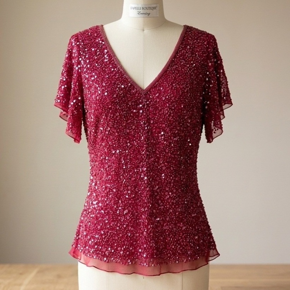 Papell Boutique Evening Silk Red Beaded Sequin Flutter Sleeve‎ V-Neck Blouse Top